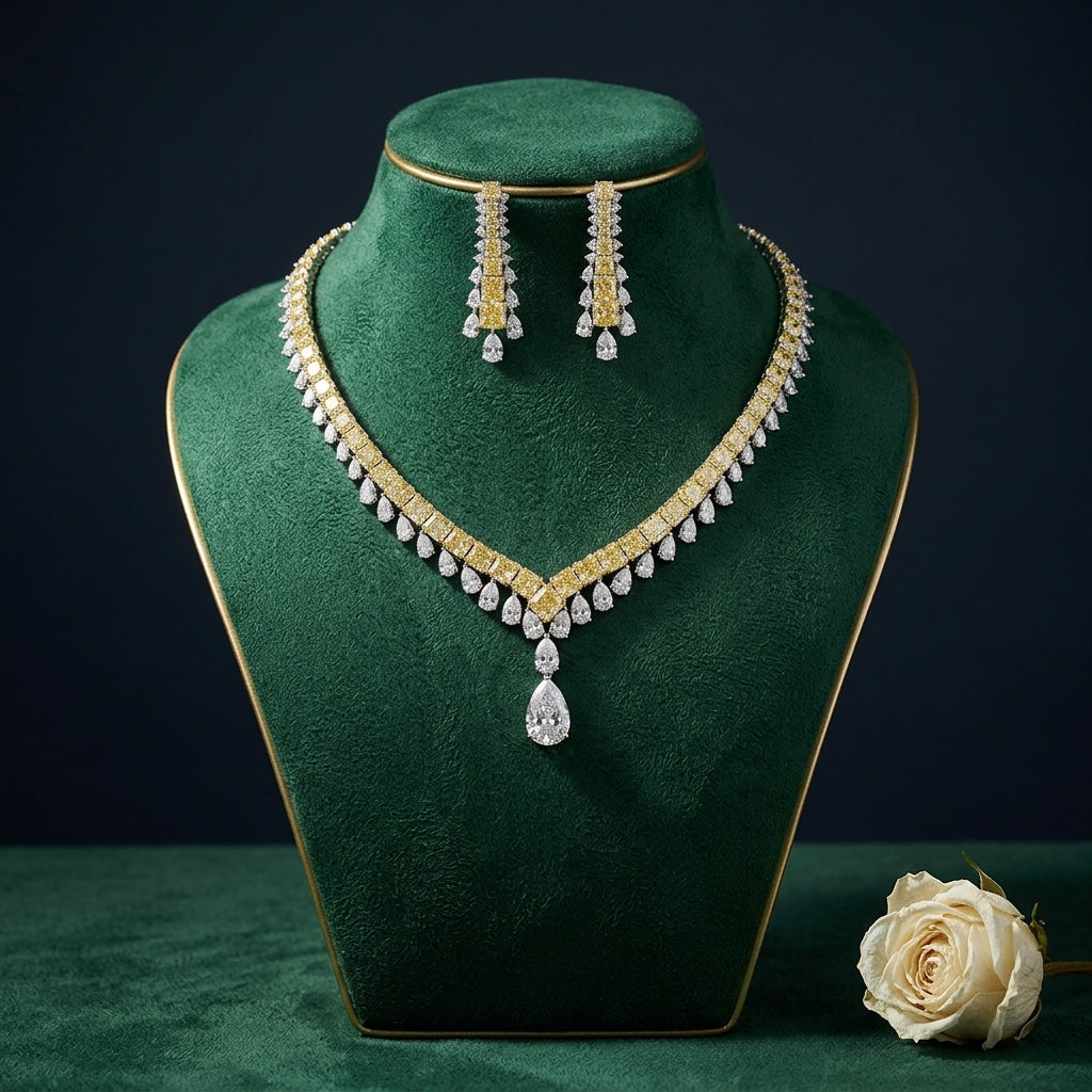 Yellow Linear V-drop Necklace Set - Mannequin