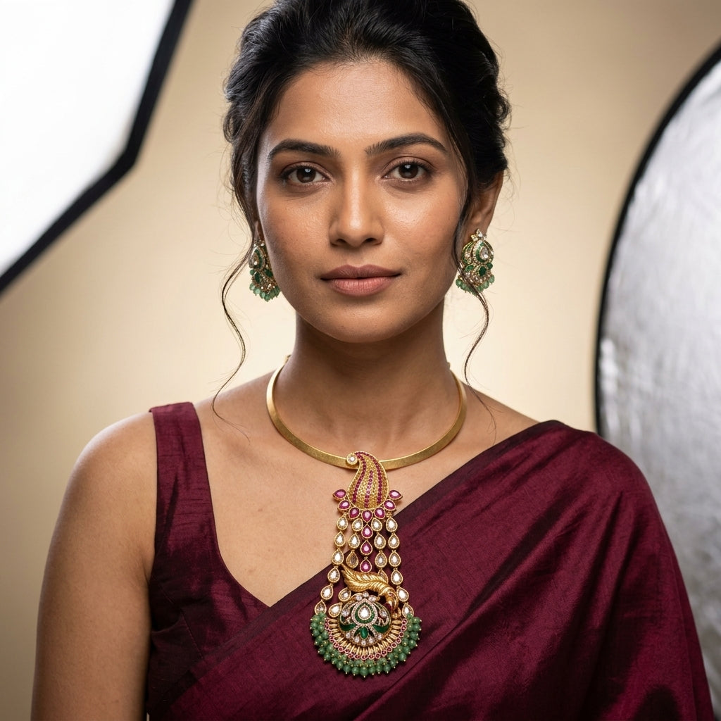 Ruby Grren Heritage Hasli Necklace Set - Model