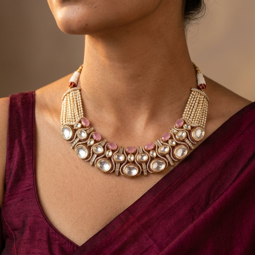 Pink Polki Cluster Necklace Set - Model