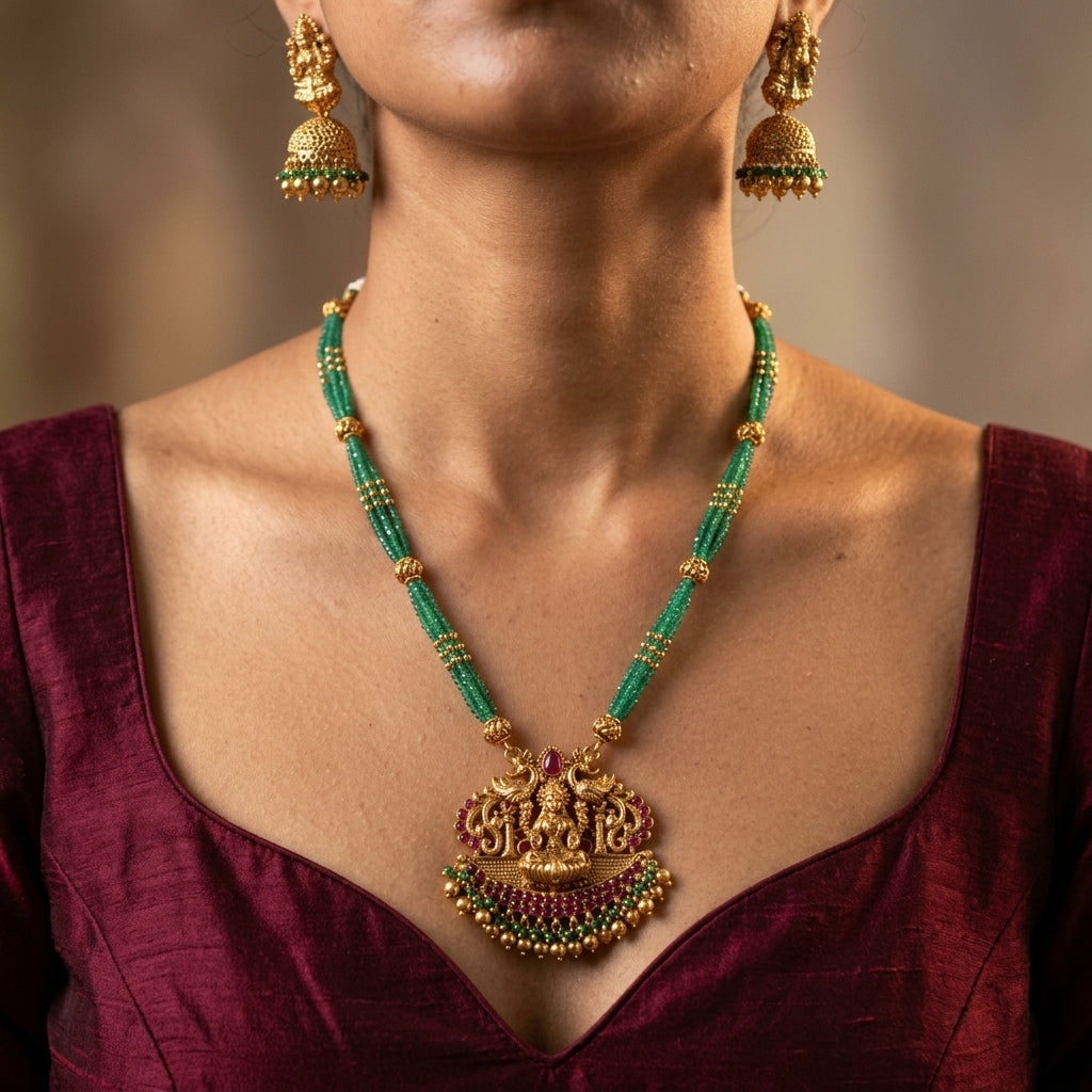 Green and Ruby Temple Deity Peacock Necklace Set - Model