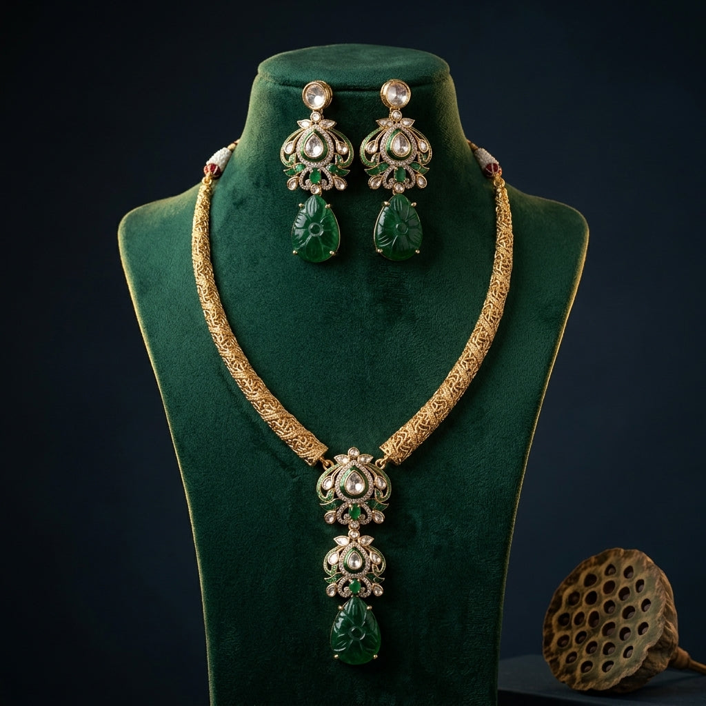 Green and Clear Floral Carved Necklace Set - Mannequin