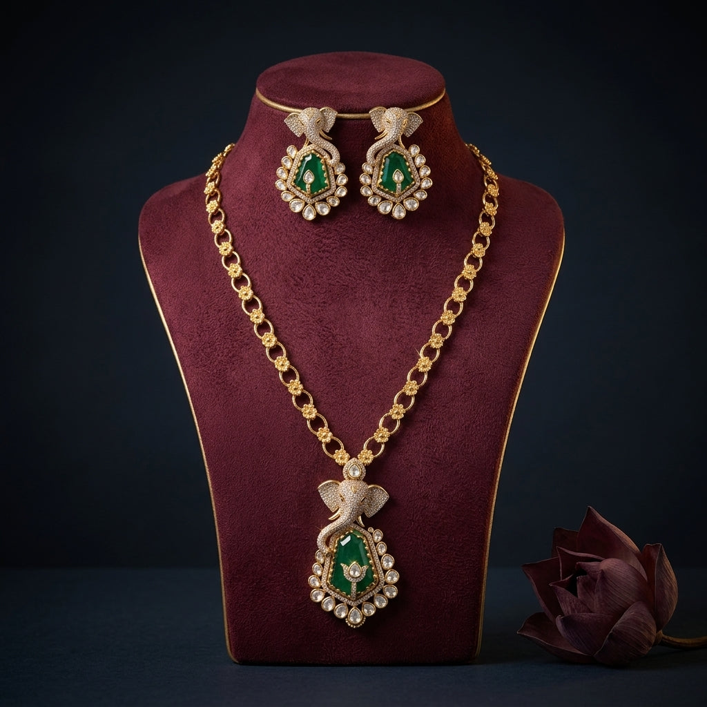 Green and White Elephant Floral Necklace Set - Mannequin