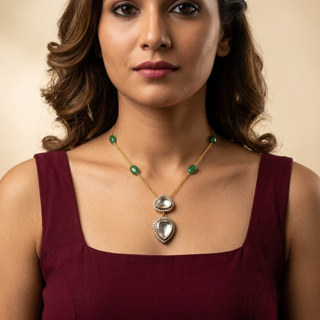 Green Bandhai Polki Necklace Set - Model