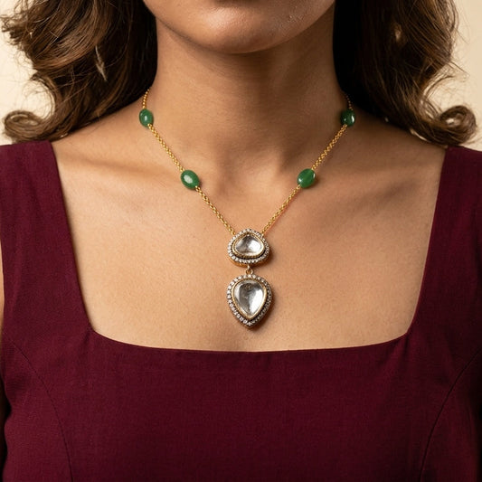 Green Bandhai Polki Necklace Set - Model