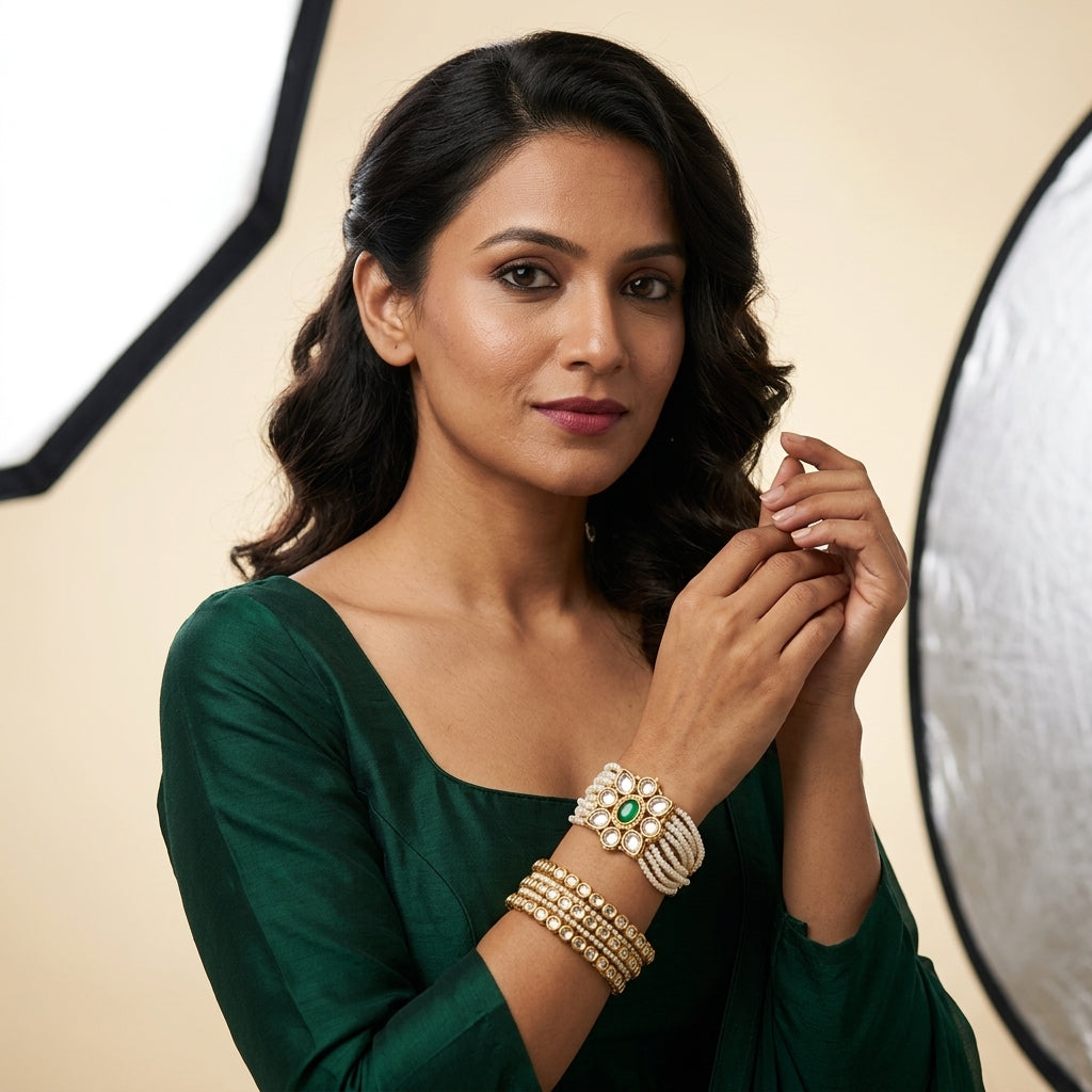 Green White Floral Kundan Bracelet - Model