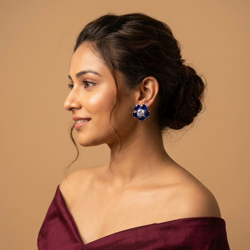 Blue and Clear Floral Cluster Earrings - Model