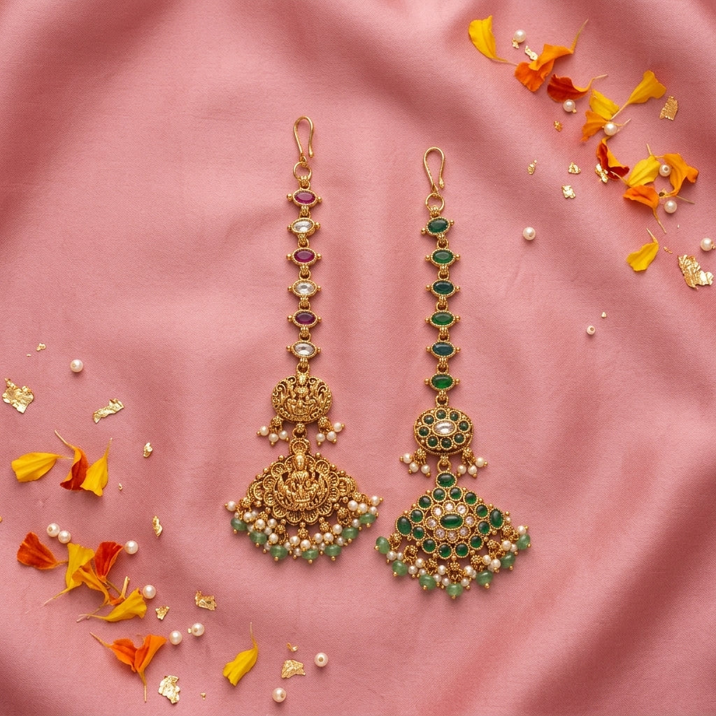 Ruby Green Temple Engraved Maang Tikka - Tabletop
