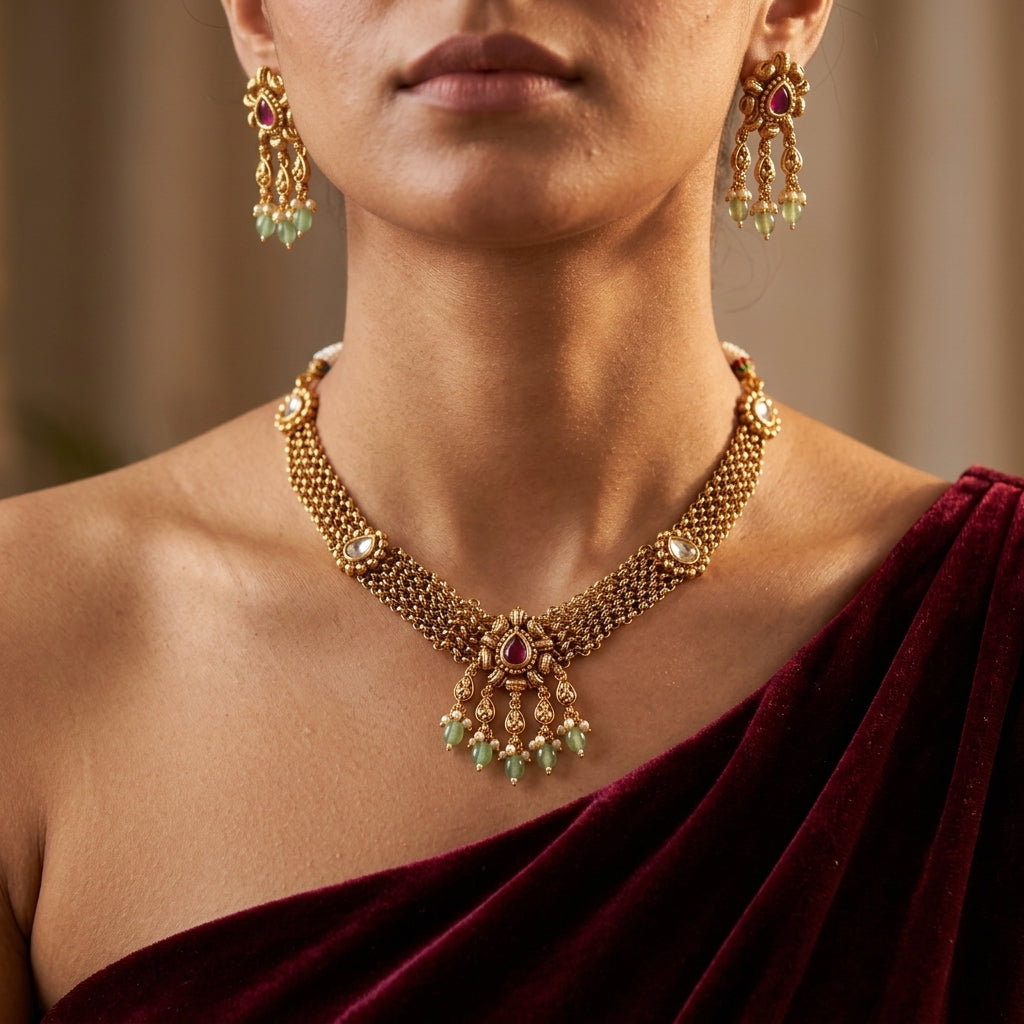 Ruby Floral Teardrop Necklace Set - Model