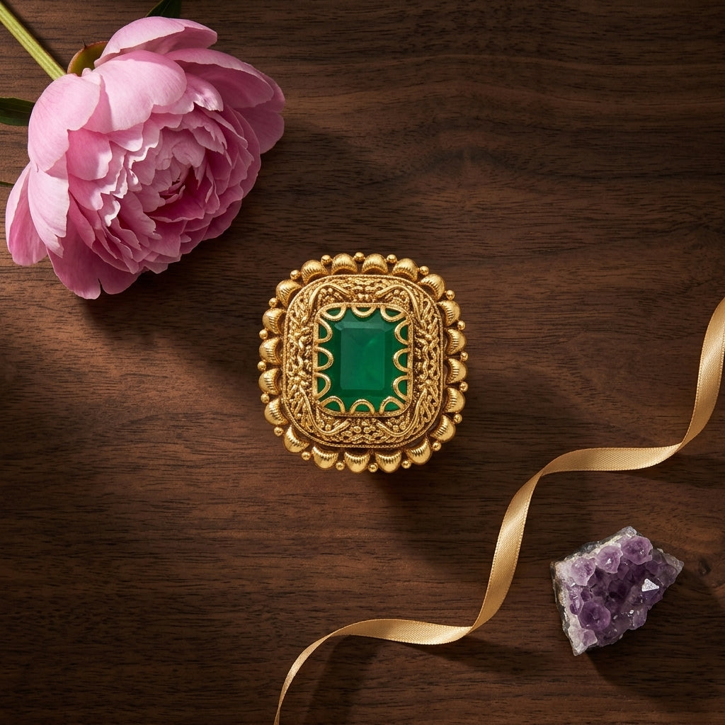 Green Ornate Filigree Ring - Tabletop