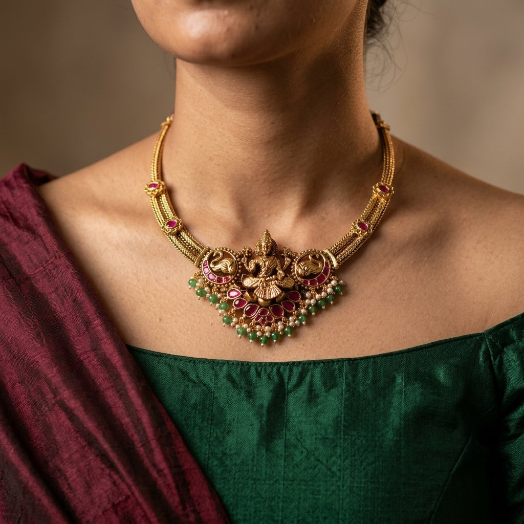 Multi Lakshmi Elephant Temple Necklace Set - Model