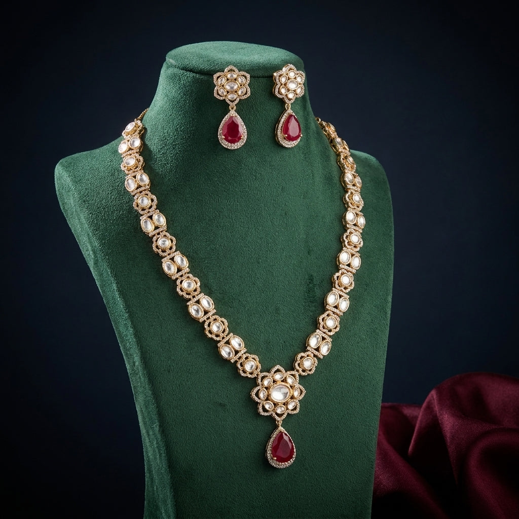 Ruby Red Floral Polki Necklace Set - Mannequin