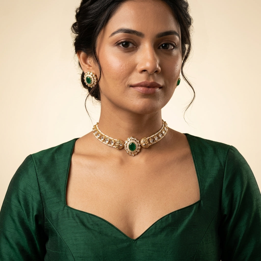 Green and White Ornate Kundan Choker Set - Model