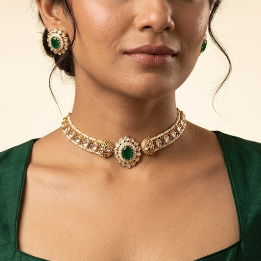 Green and White Ornate Kundan Choker Set - Model