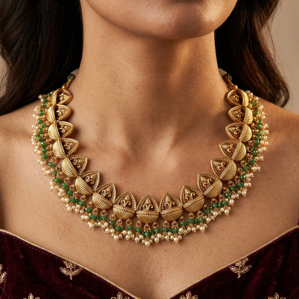 Green and White Stylized Kalash Necklace Set - Model
