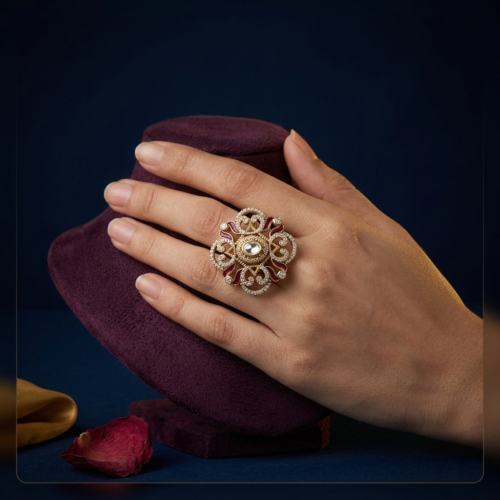 Clear and Ruby Ornate Floral Ring - Mannequin