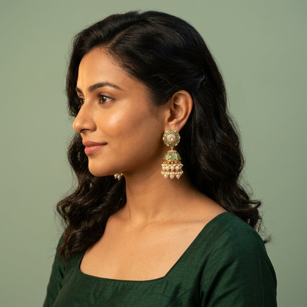 Mint Green Floral Jhumka Pair - Model