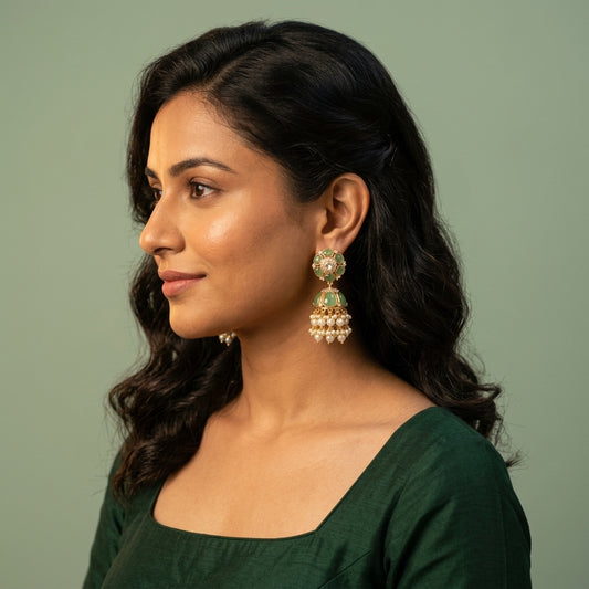 Mint Green Floral Jhumka Pair - Model