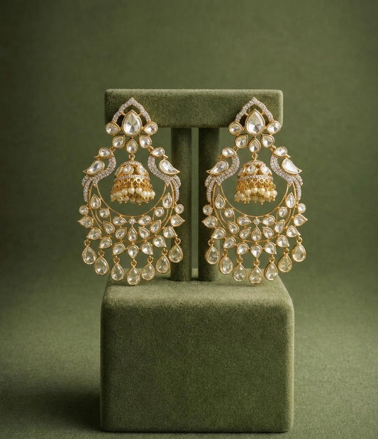 White Heritage Kundan Chandbali Jhumka - Model