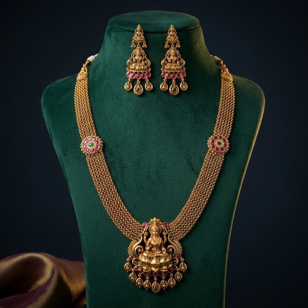 Ruby and Green Temple Lakshmi Necklace Set - Mannequin