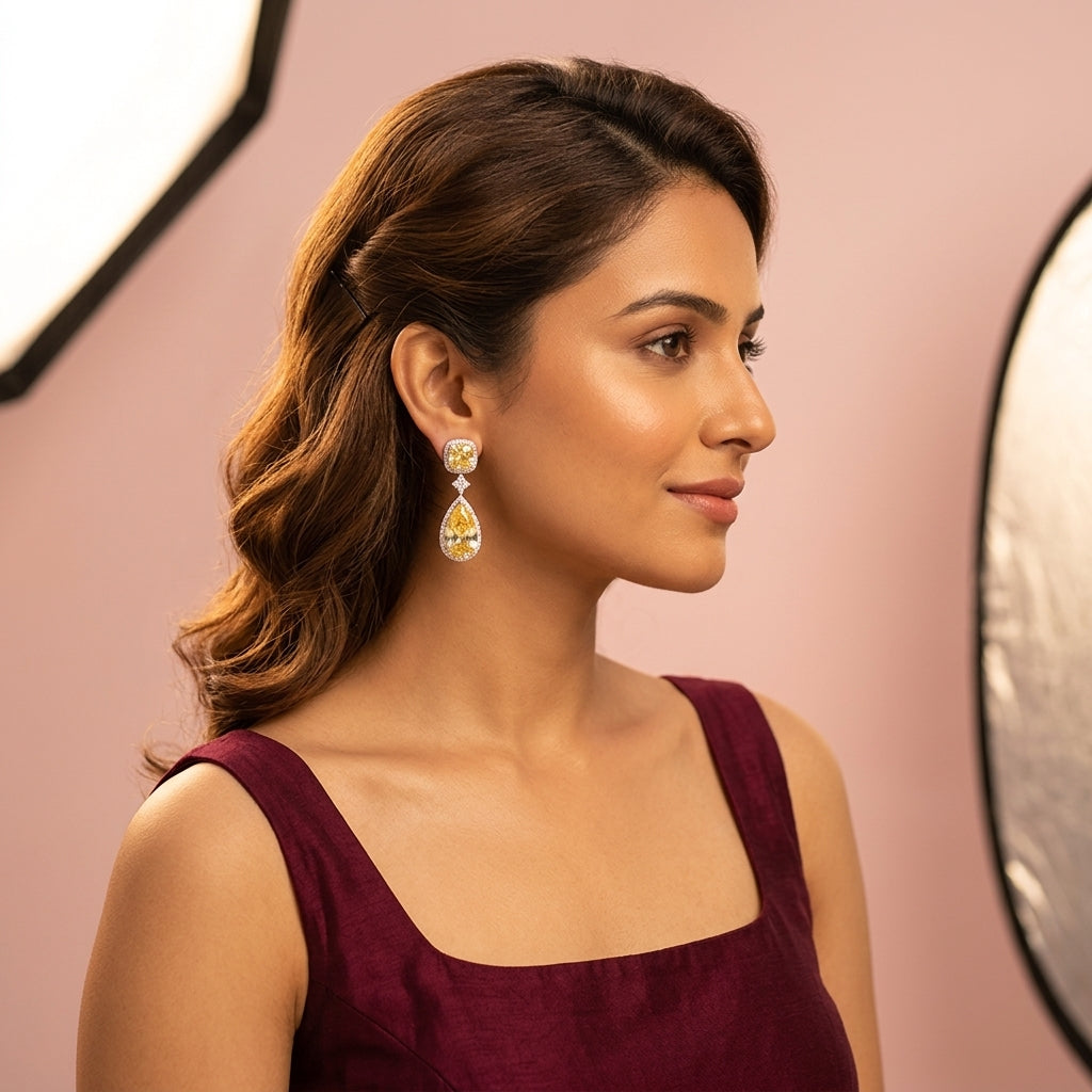 Yellow Cushion Pear Drop Earrings - Model