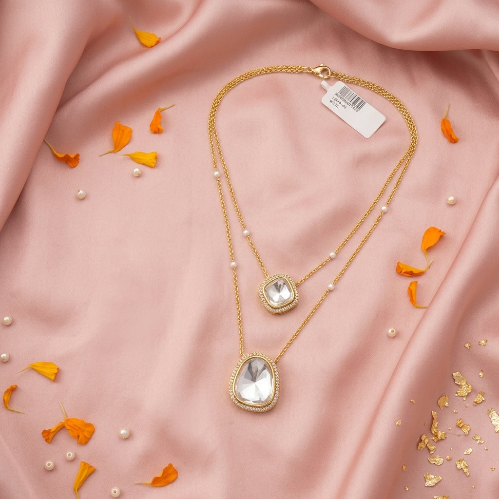 White Polki Bandhai Necklace Set - Tabletop