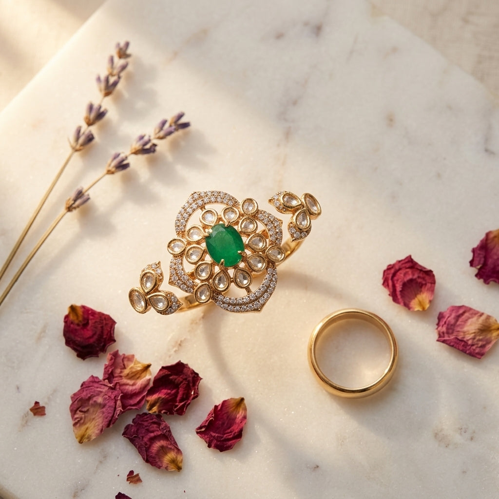 Green and Clear Floral Cluster Ring - Tabletop
