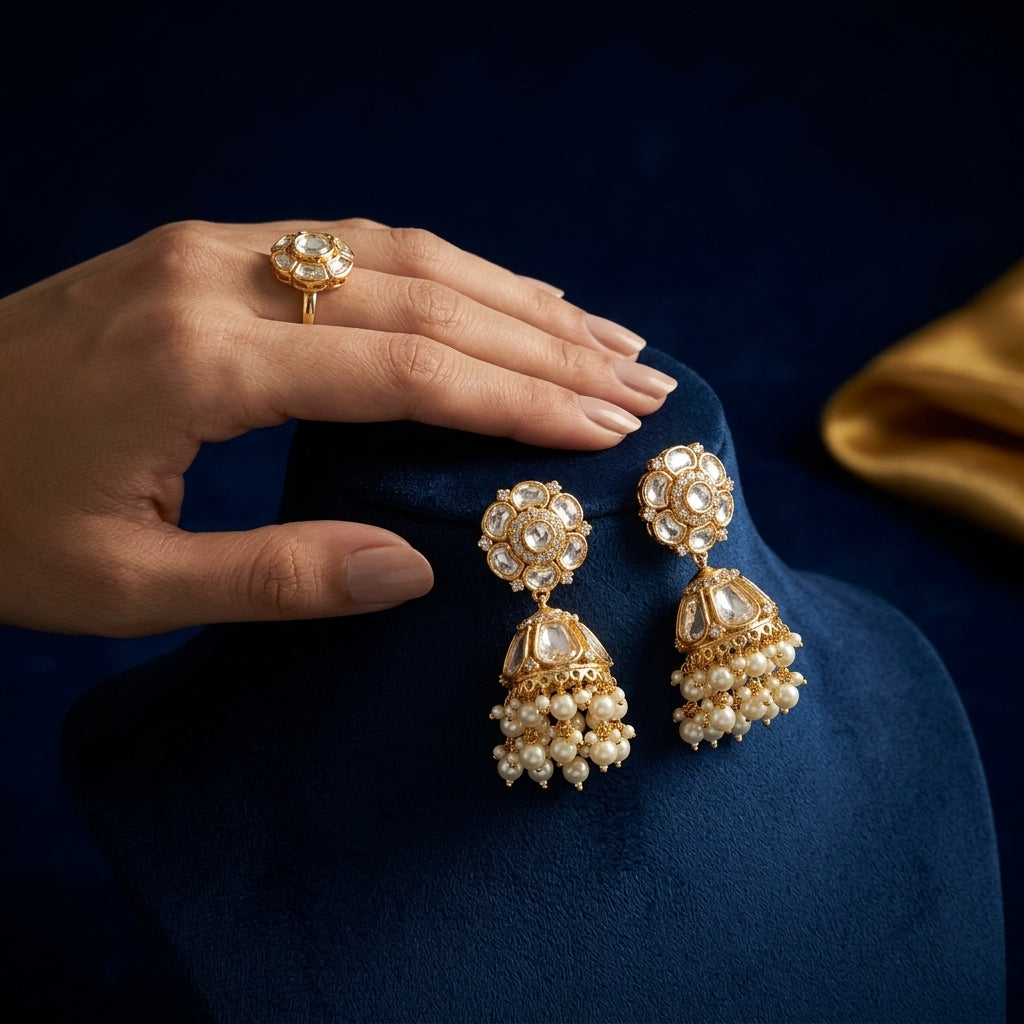 White Floral Polki Jhumka Earrings - Mannequin