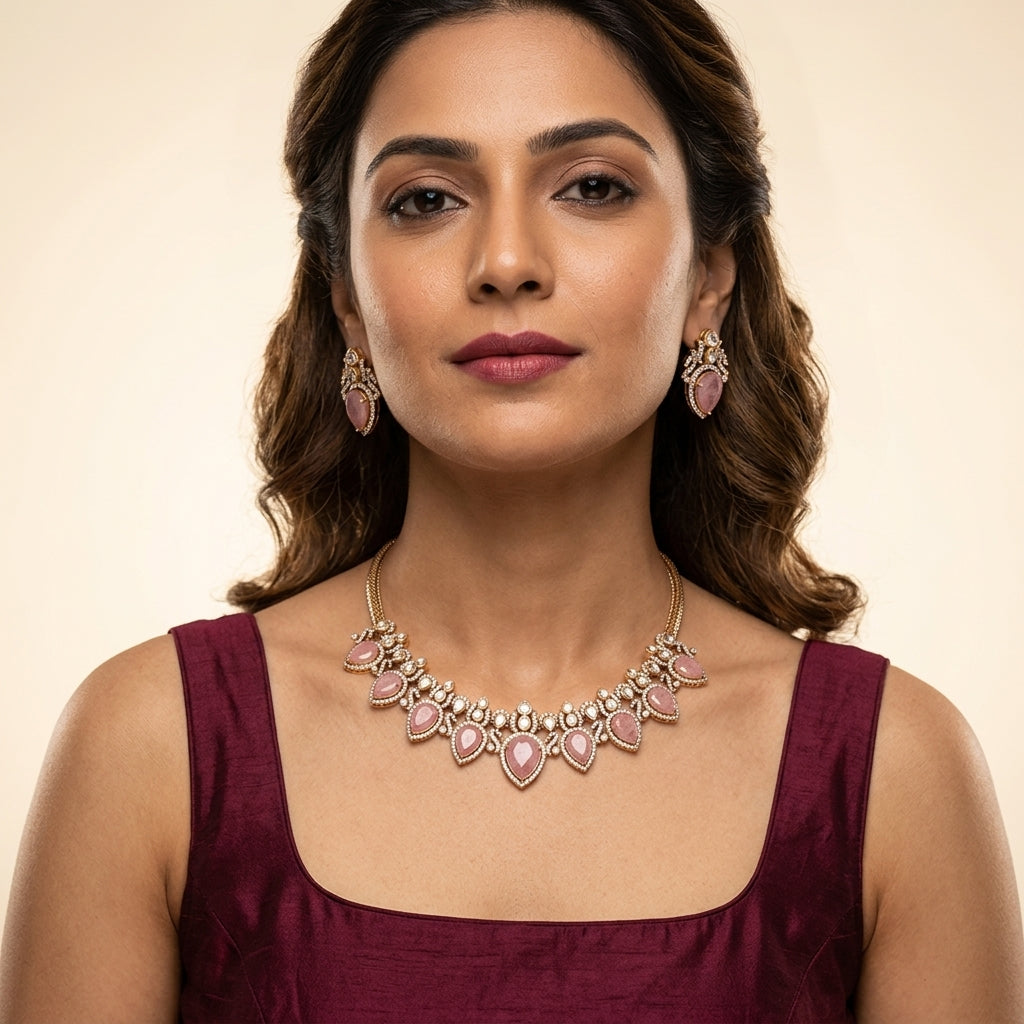 Pink and Clear Scalloped Teardrop Necklace Set - Model