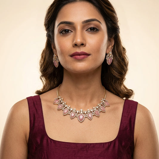 Pink and Clear Scalloped Teardrop Necklace Set - Model