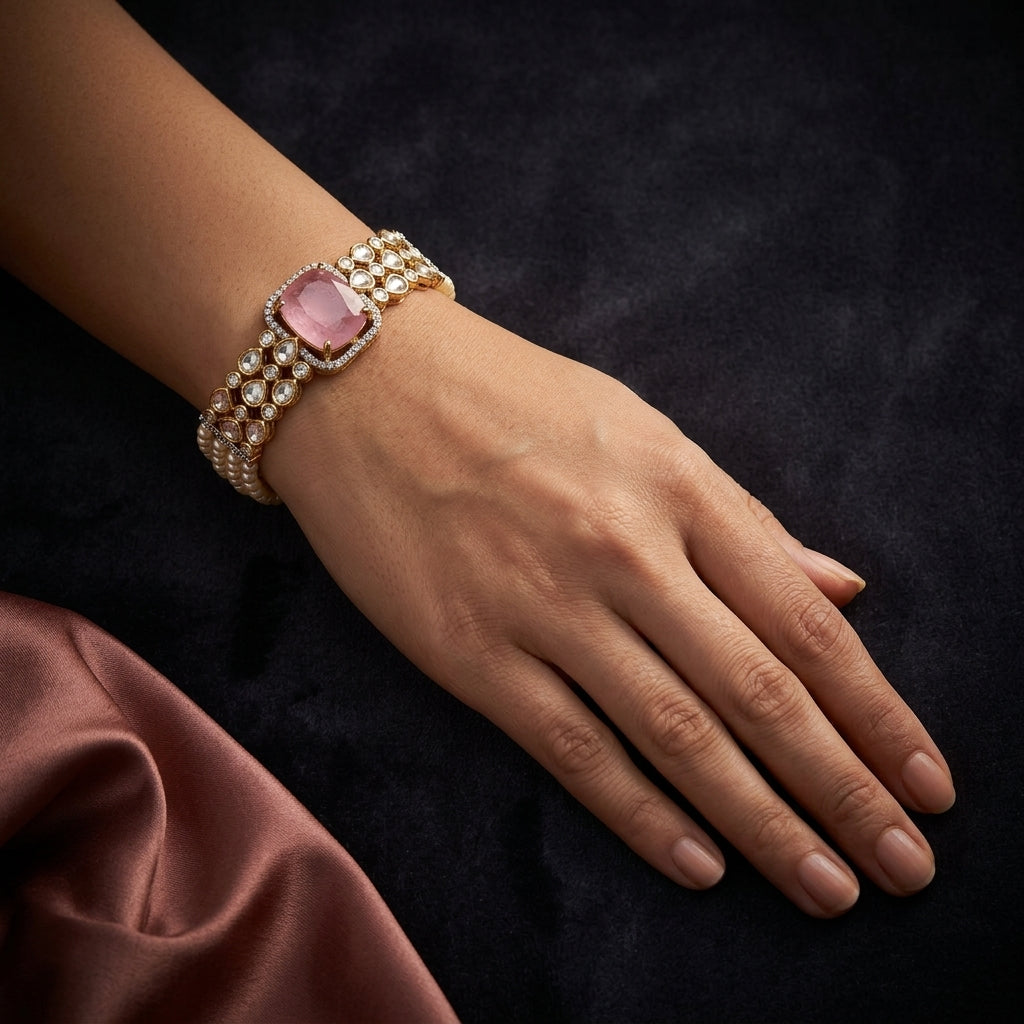 Pink Kundan Pearl Cluster Bracelet - Mannequin
