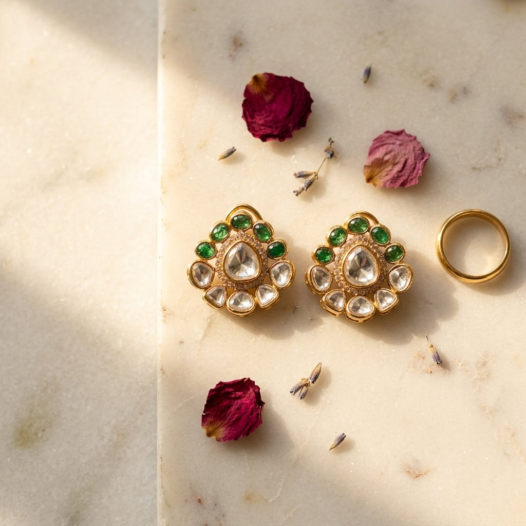 White and Green Petal Cluster Earrings - Tabletop