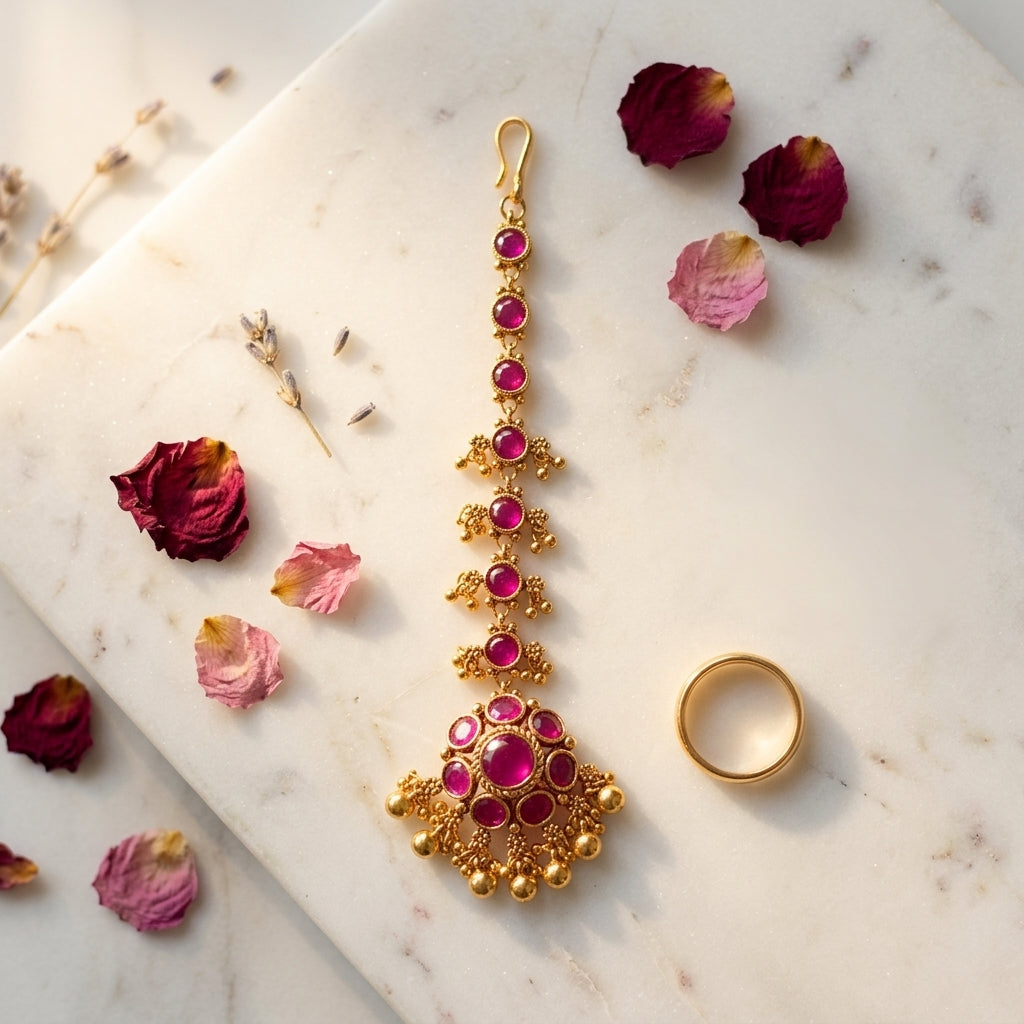 Ruby Cluster Jhumki Maang Tikka - Tabletop