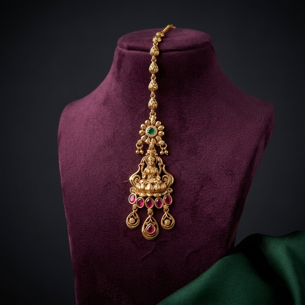 Ruby and Green Temple Floral Maang Tikka - Mannequin