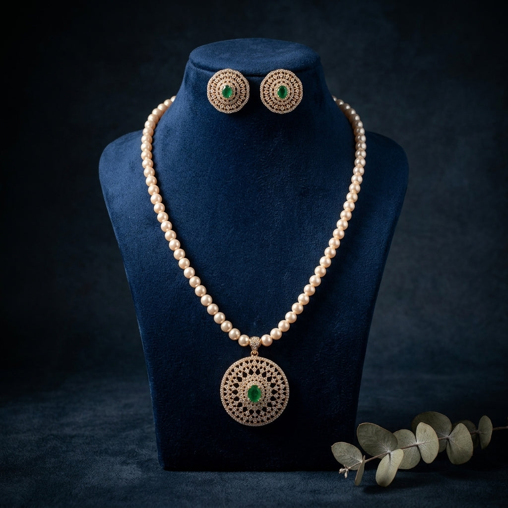 Pearl with Green stone Floral Necklace Set - Mannequin