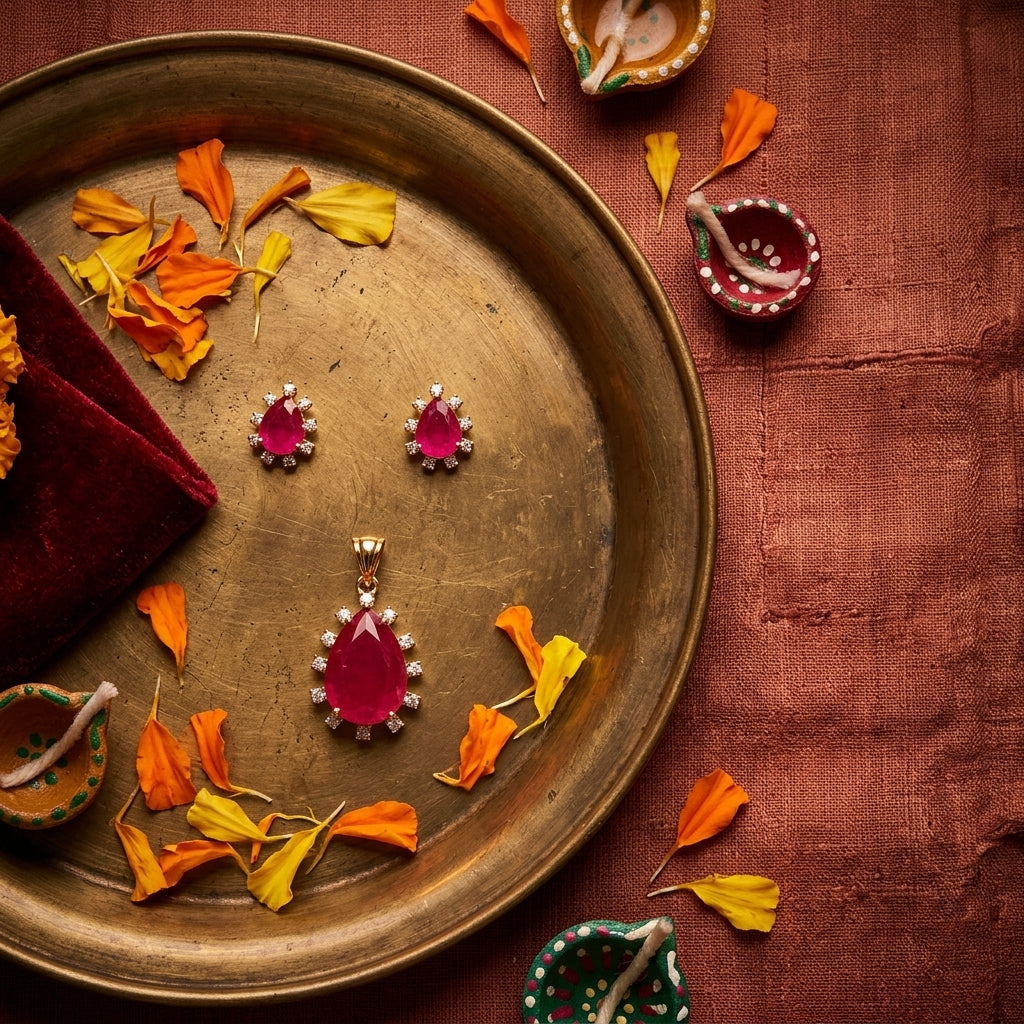 Ruby Teardrop Cluster Pendant Set - Tabletop