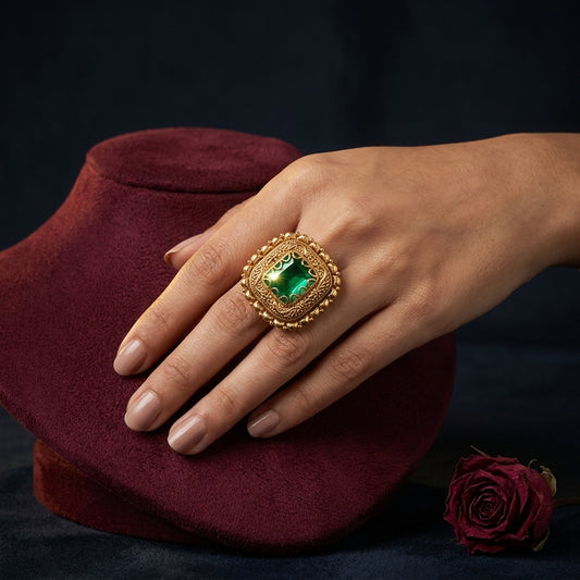 Green Ornate Filigree Ring - Mannequin