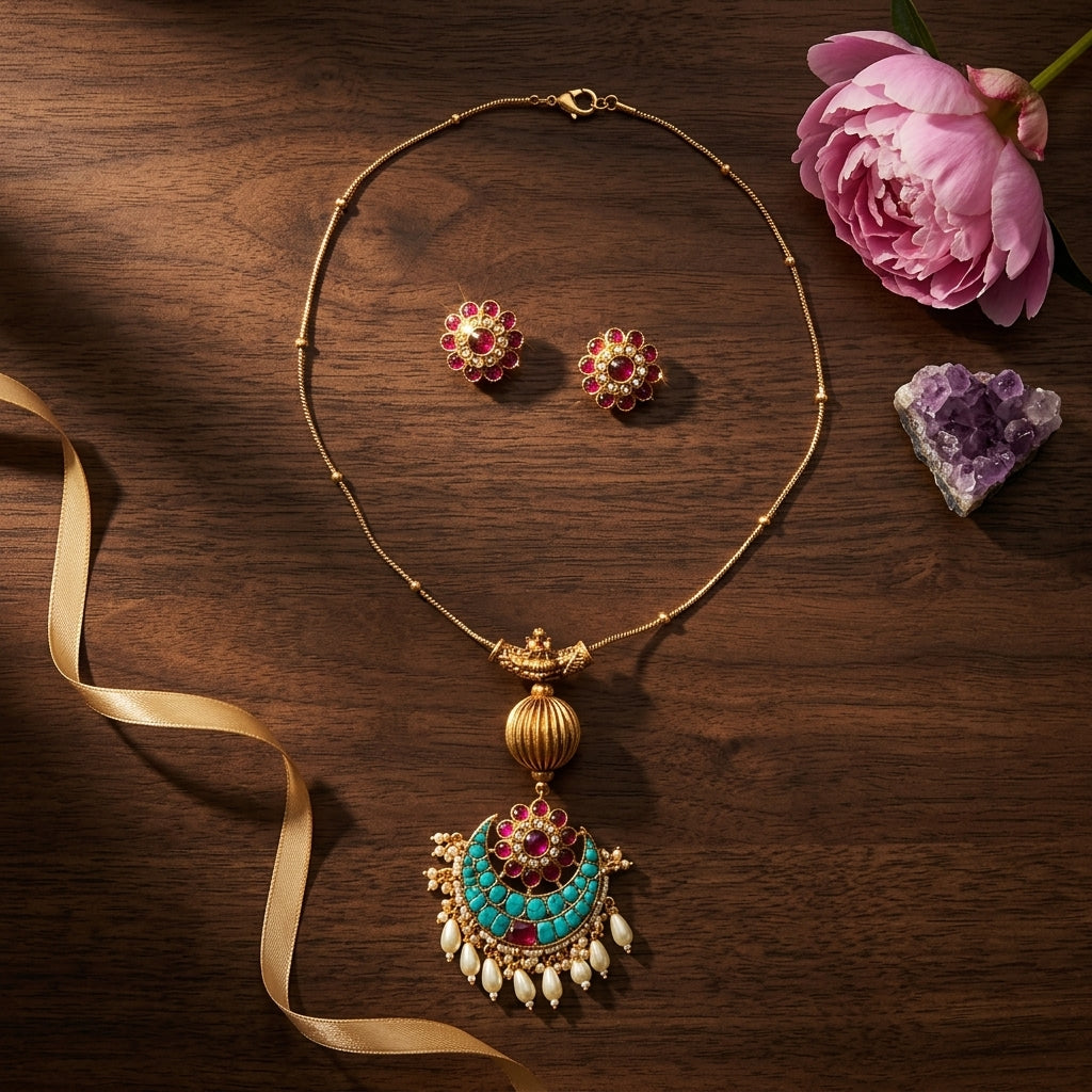 Multi Temple Floral Crescent Necklace Set - Tabletop