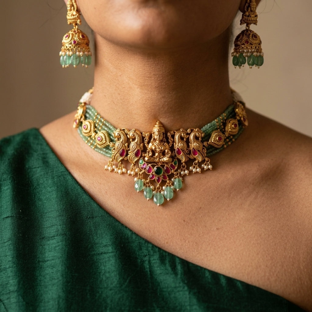 Green and Ruby Goddess Temple Necklace Set - Model