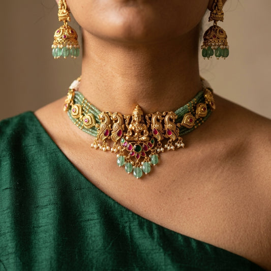 Green and Ruby Goddess Temple Necklace Set - Model