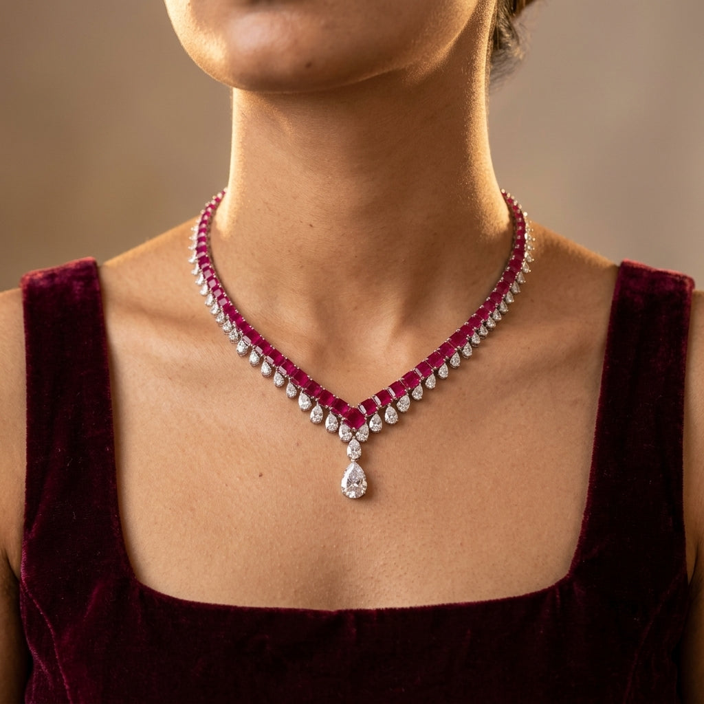 Magenta Geometric V-Drop Necklace Set - Model