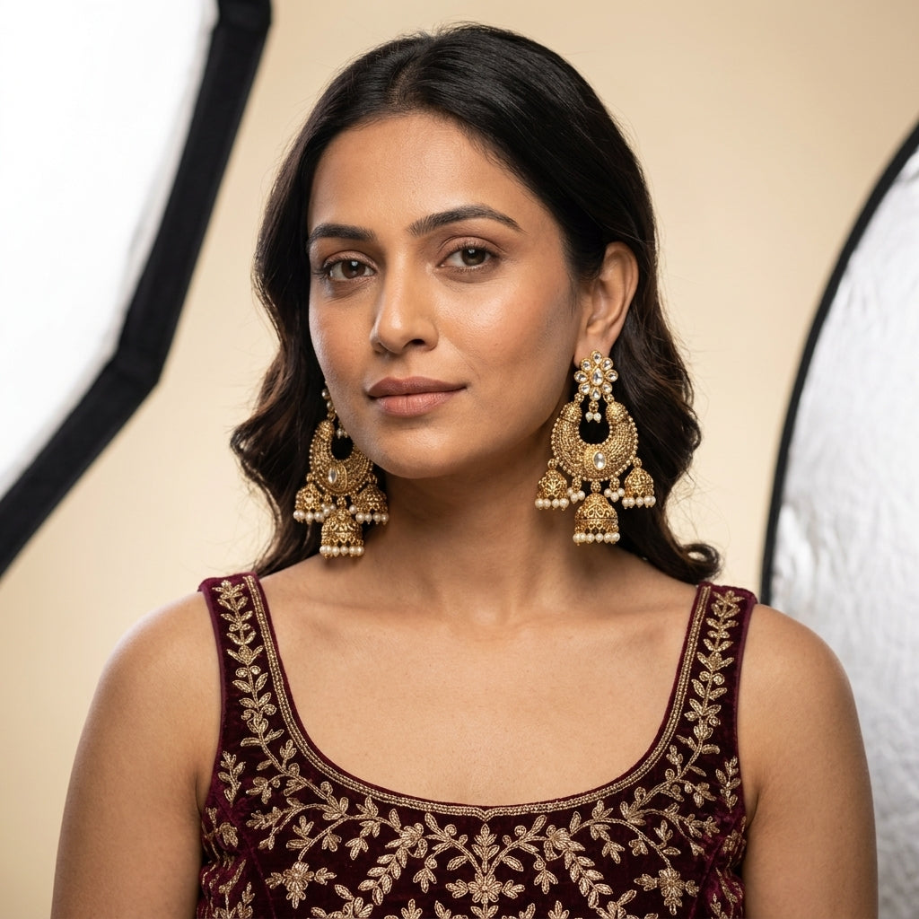 White Floral Chandbali Jhumka Earrings - Model