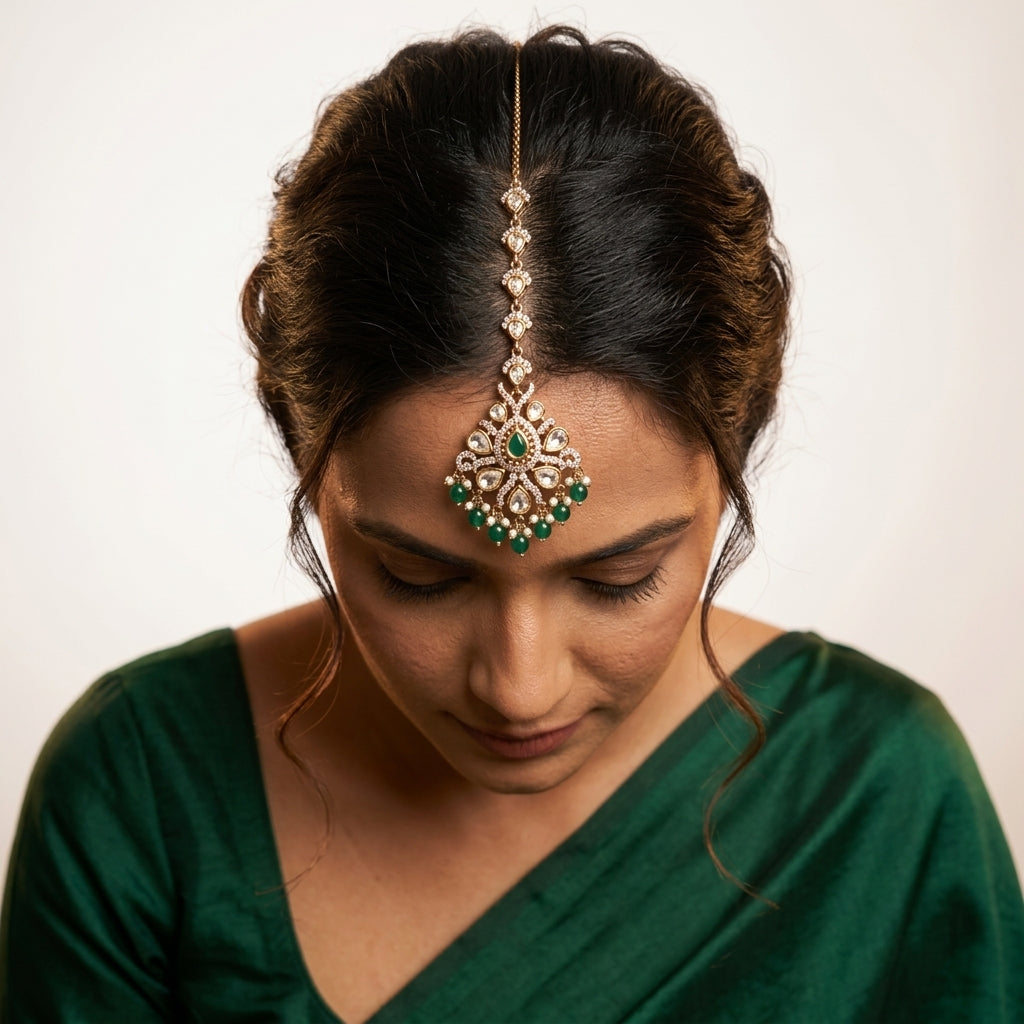 Green and Clear Floral Cluster Maang Tikka - Model