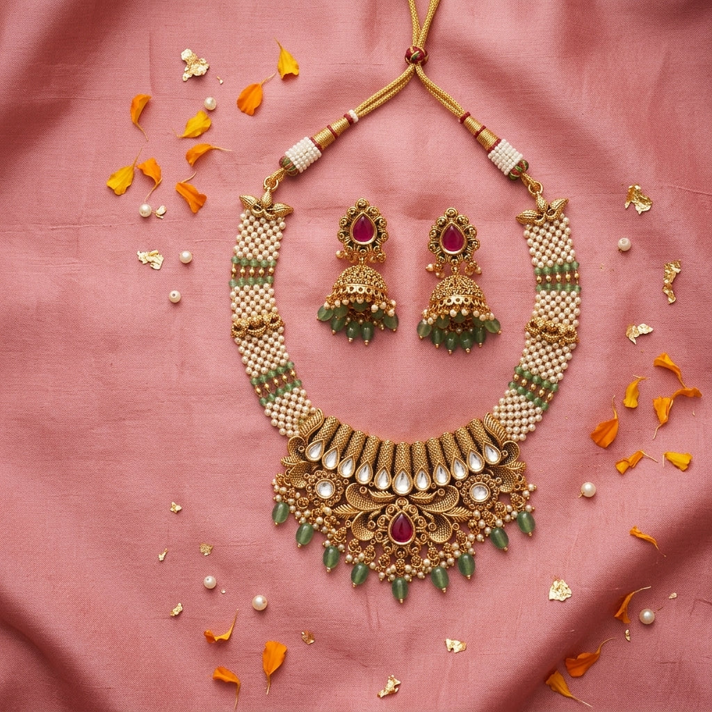 Ruby Floral Jhumka Necklace Set - Tabletop