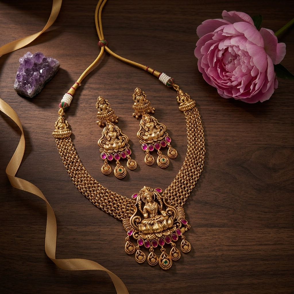 Ruby and Green Temple Lakshmi Lotus Necklace Set - Tabletop