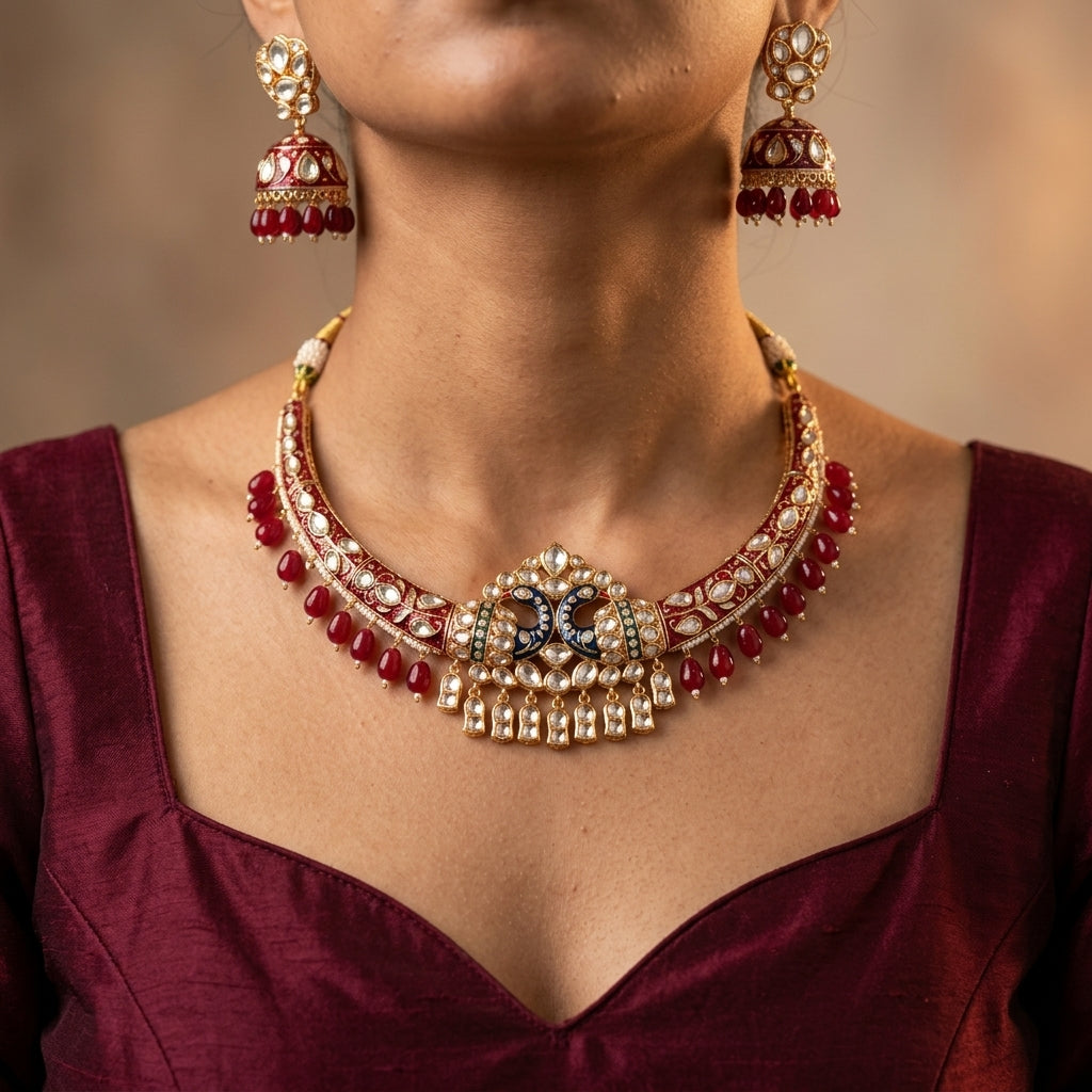 Gold Kundan Necklace Set - Model