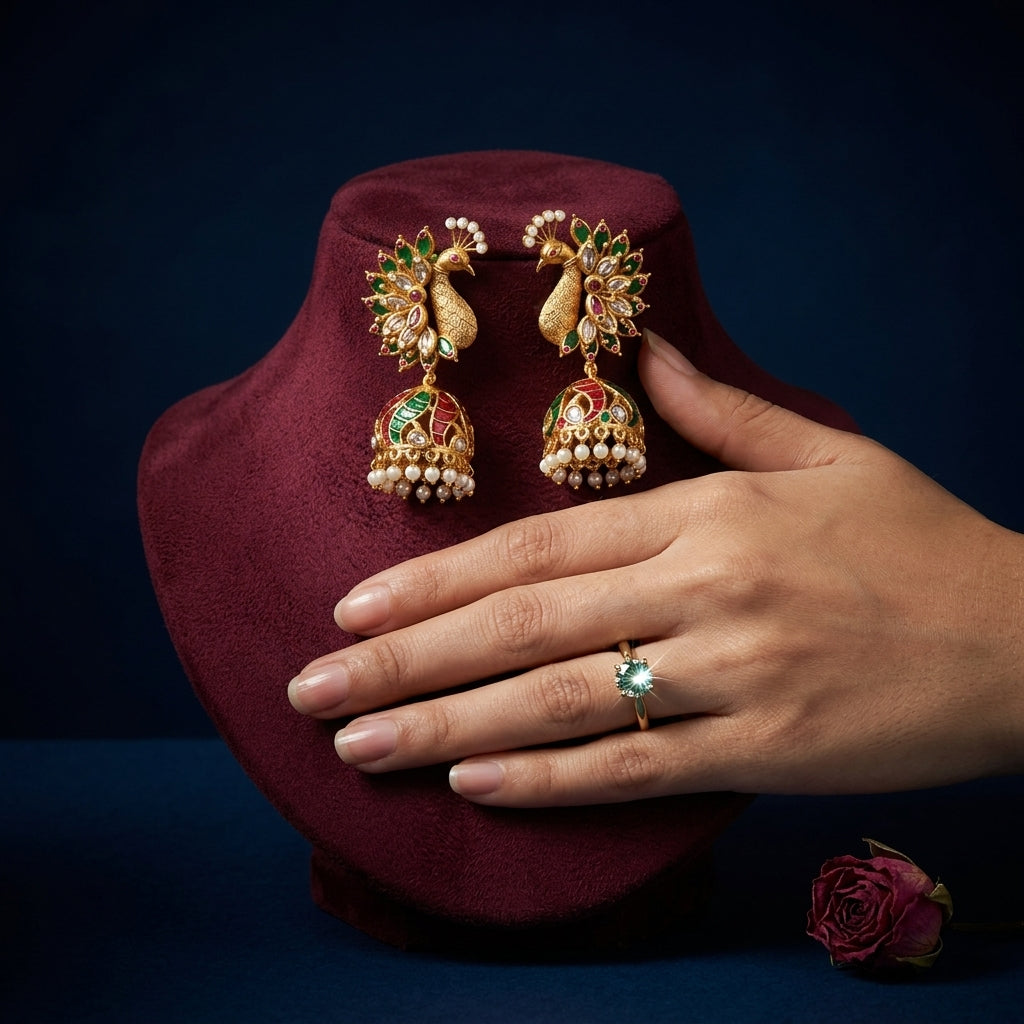 Ruby Green Peacock Meenakari Jhumka - Mannequin