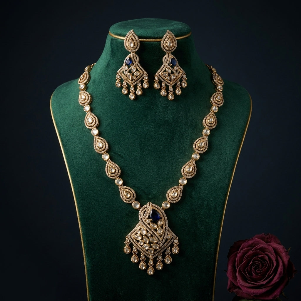 Blue White Ornate Cluster Necklace Set - Mannequin