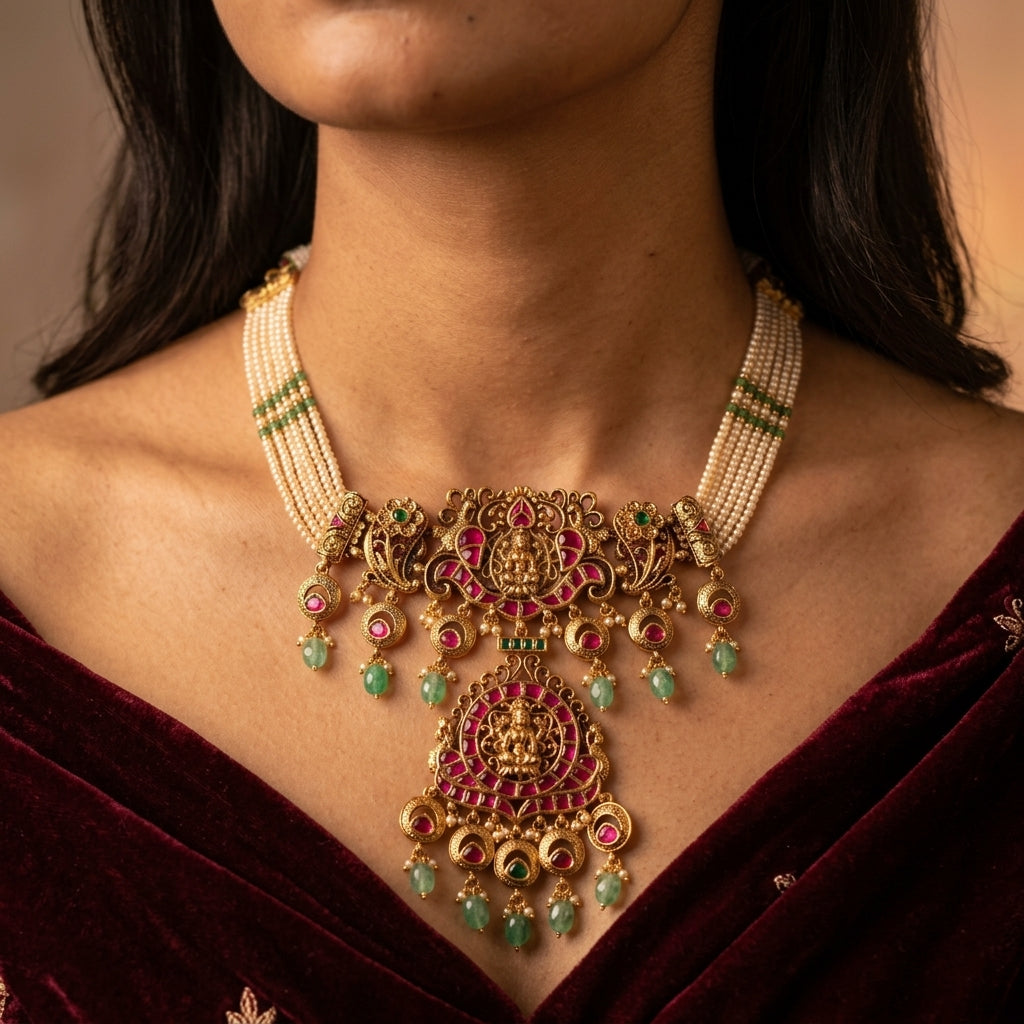 Multi Temple Lakshmi Necklace Set - Model