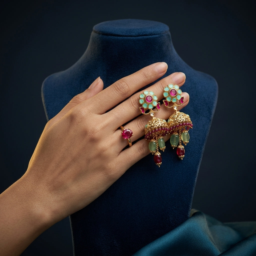 Multi Floral Motif Jhumka Pair - Mannequin