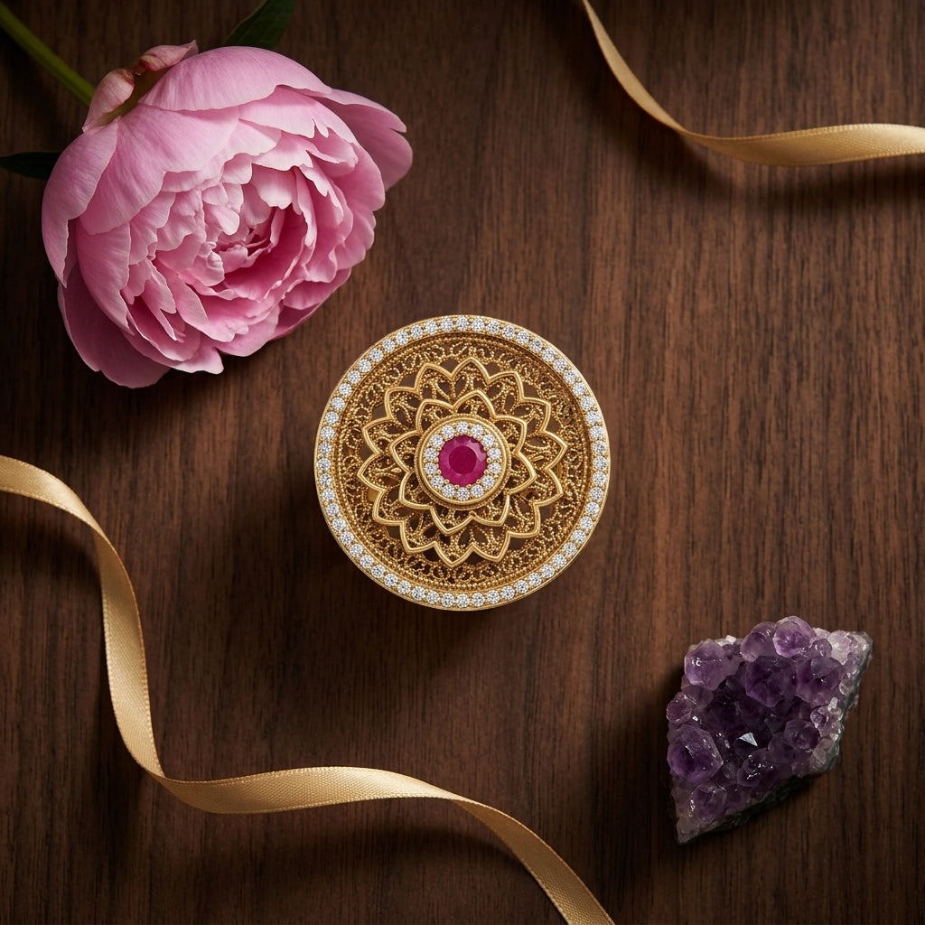 Ruby Red Floral Mandala Ring - Tabletop